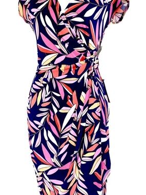 Maggy London Navy Wrap Midi Dress with Pink, Coral & Cream Leaf Print